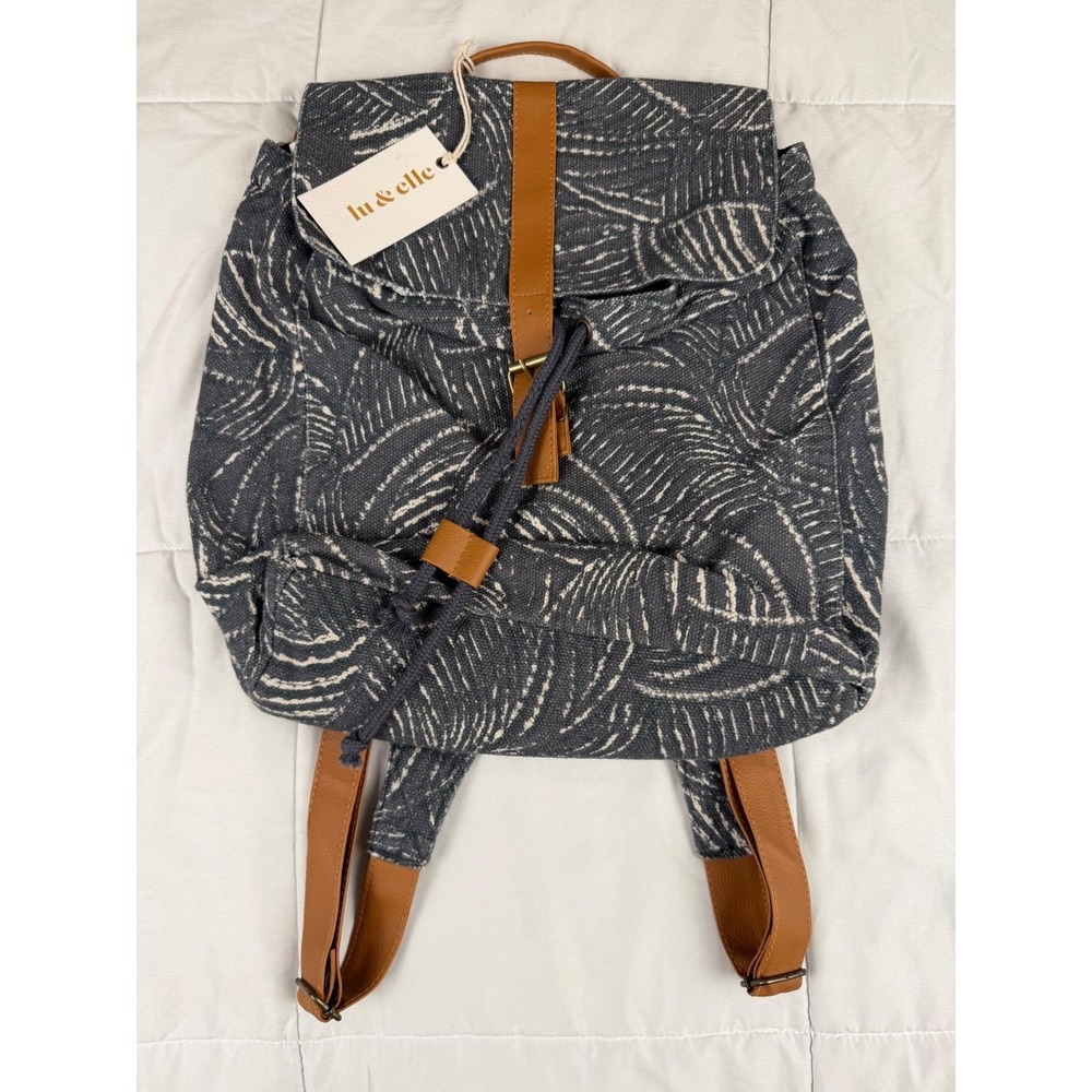 Lu & Elle Backpack OS Blue Palm Print Canvas Drawstring Beachly NEW